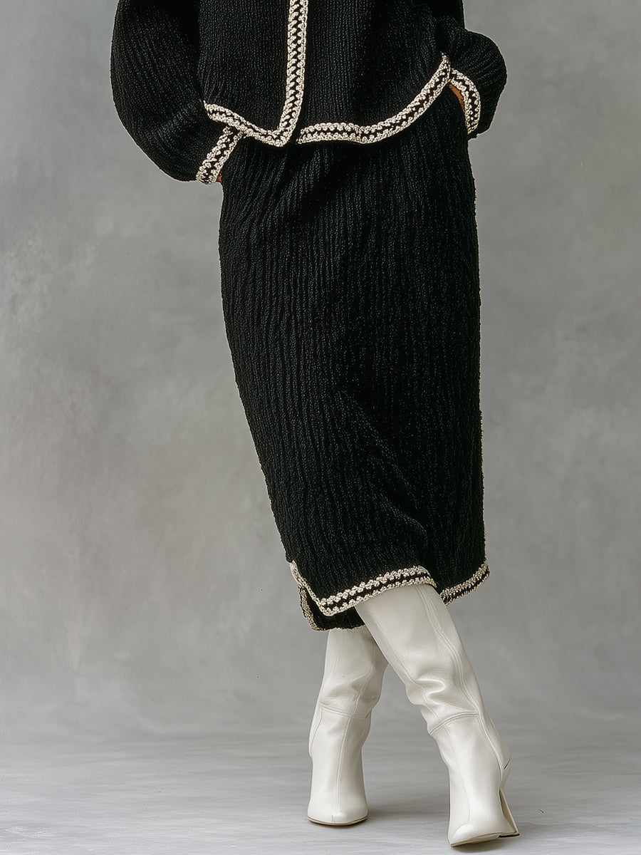 Women's Black Elegant Textured Knit Contrast - Trimmed Midi Sweater Set MDA1000J3I