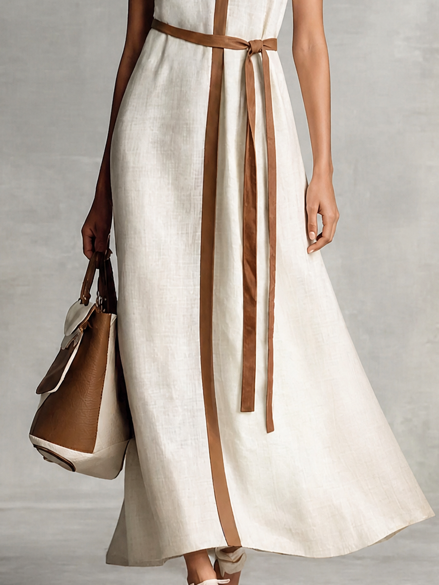 Women's Sleeveless V-Neck Tie-Waist Cotton Linen Maxi Dress MDZ1153B7BA