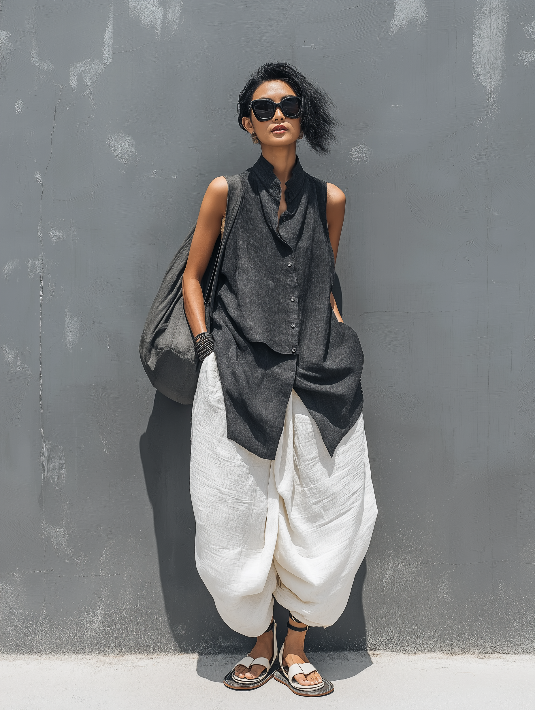 Women's Casual Dark Gray Cotton-linen Sleeveless Top Paired With White Cotton-linen Trousers Set MDZ2809B7AN