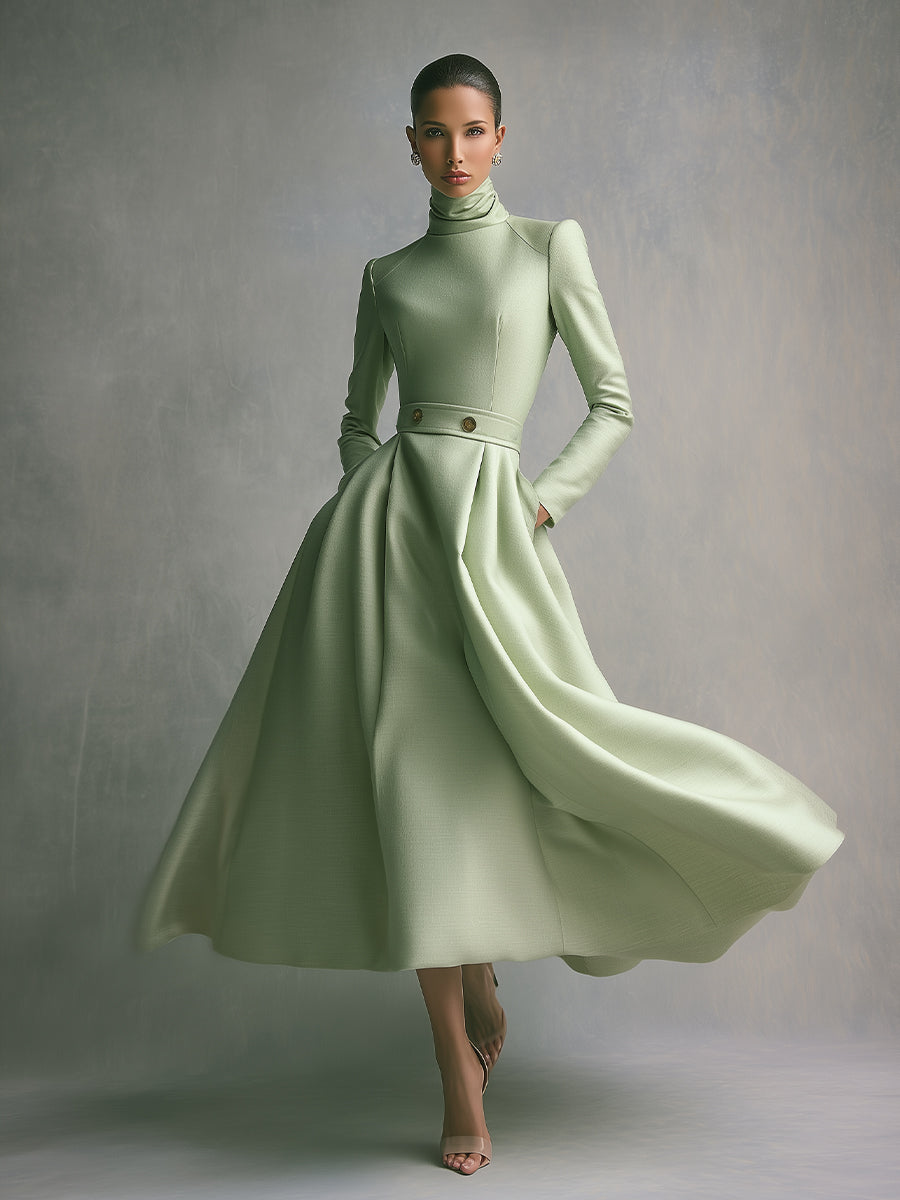 Women's Soft Green Flowing Dress With Pockets & Cinched Waist, Sophisticated Formal Style Midi Dress MDA1553L8I