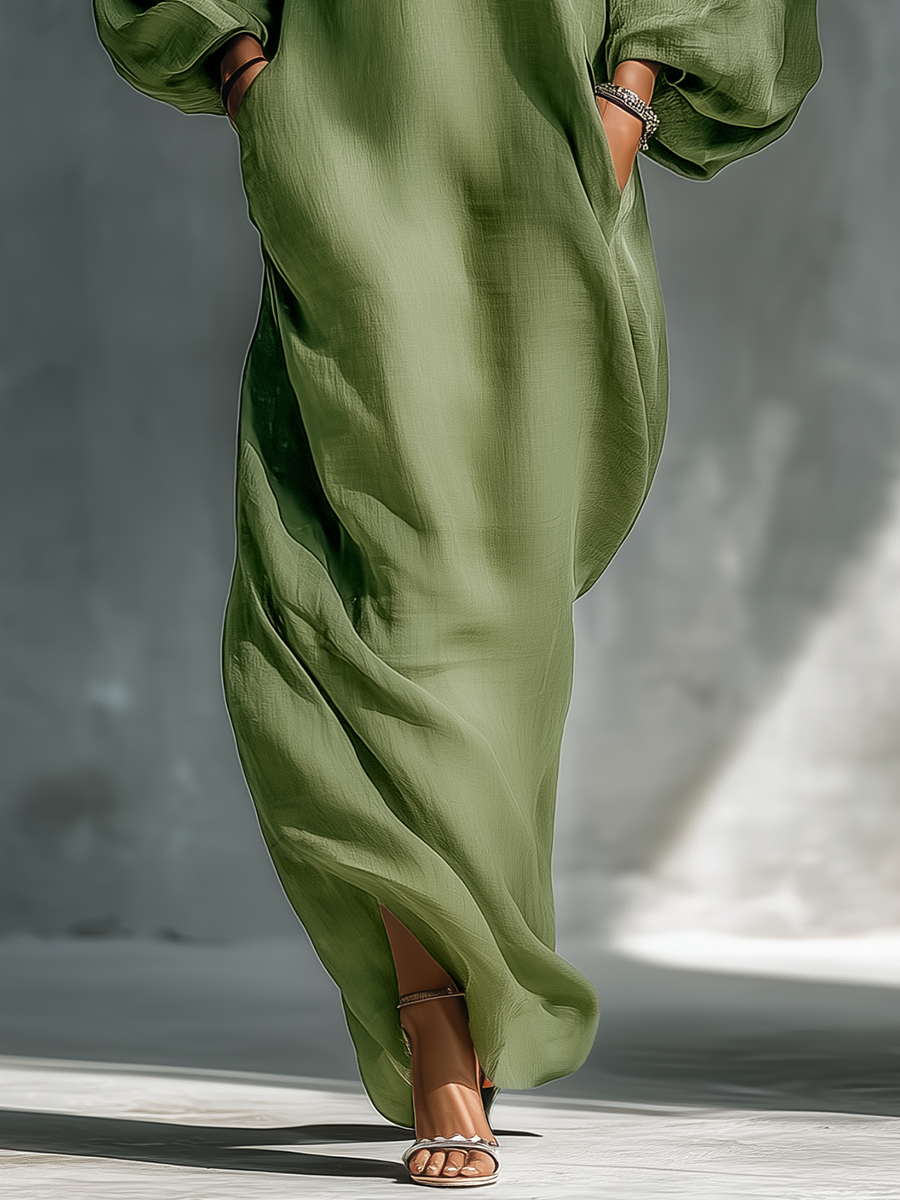 Women's Light Green Cold-Shoulder Maxi Dress With Oversized Puff Sleeves & Side Pockets MDZ1004B7T
