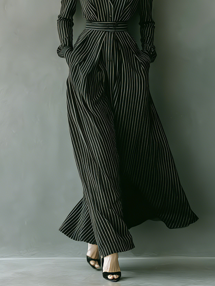 Women's Black And White Fine-striped Cotton Blend Maxi Dress MDA1752L3T