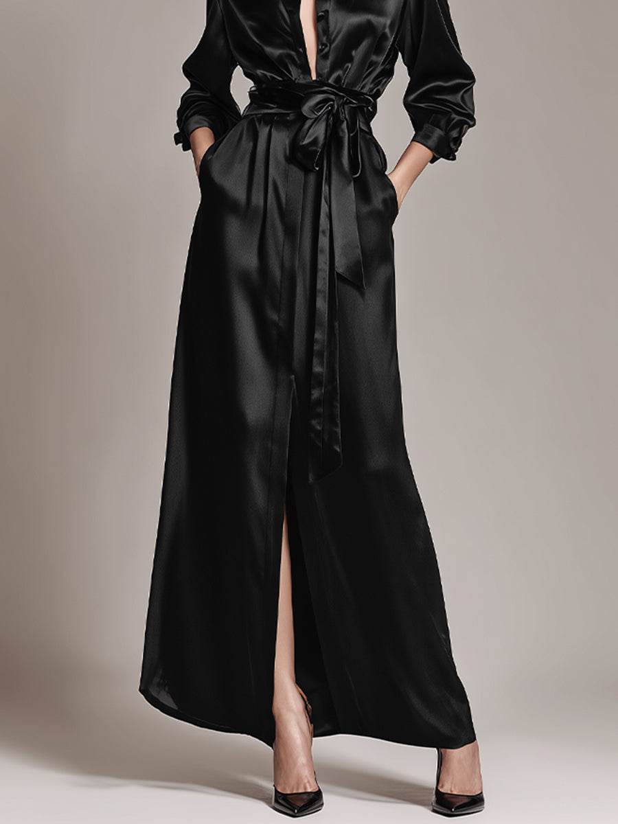 Women's Black Satin Chic Collared Belted Long-Sleeve Formal Maxi Dress MDA0118K2I