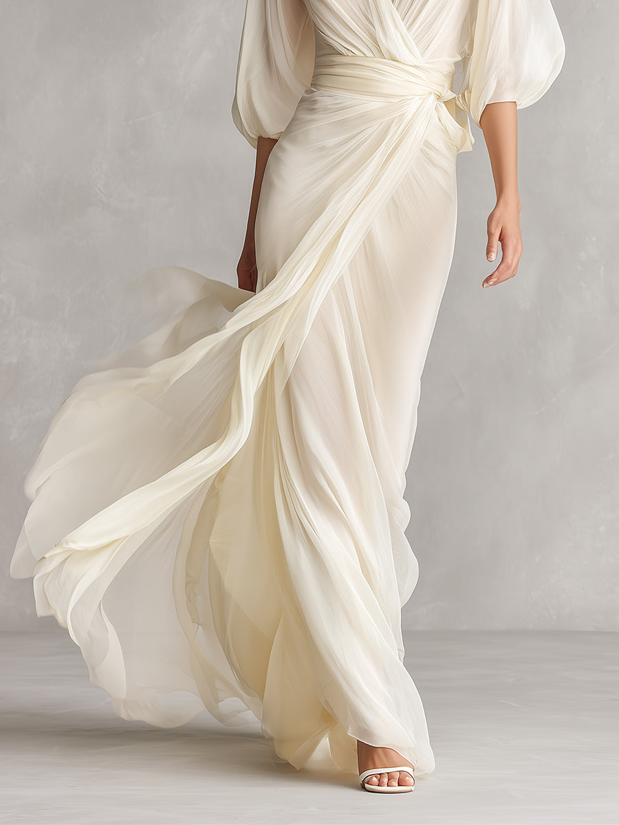 Women's Ivory Sheer Chiffon Dress With Puff Sleeves & Wrap Detail, Timeless Romantic-Luxe Style Dress MDZ0932A1I