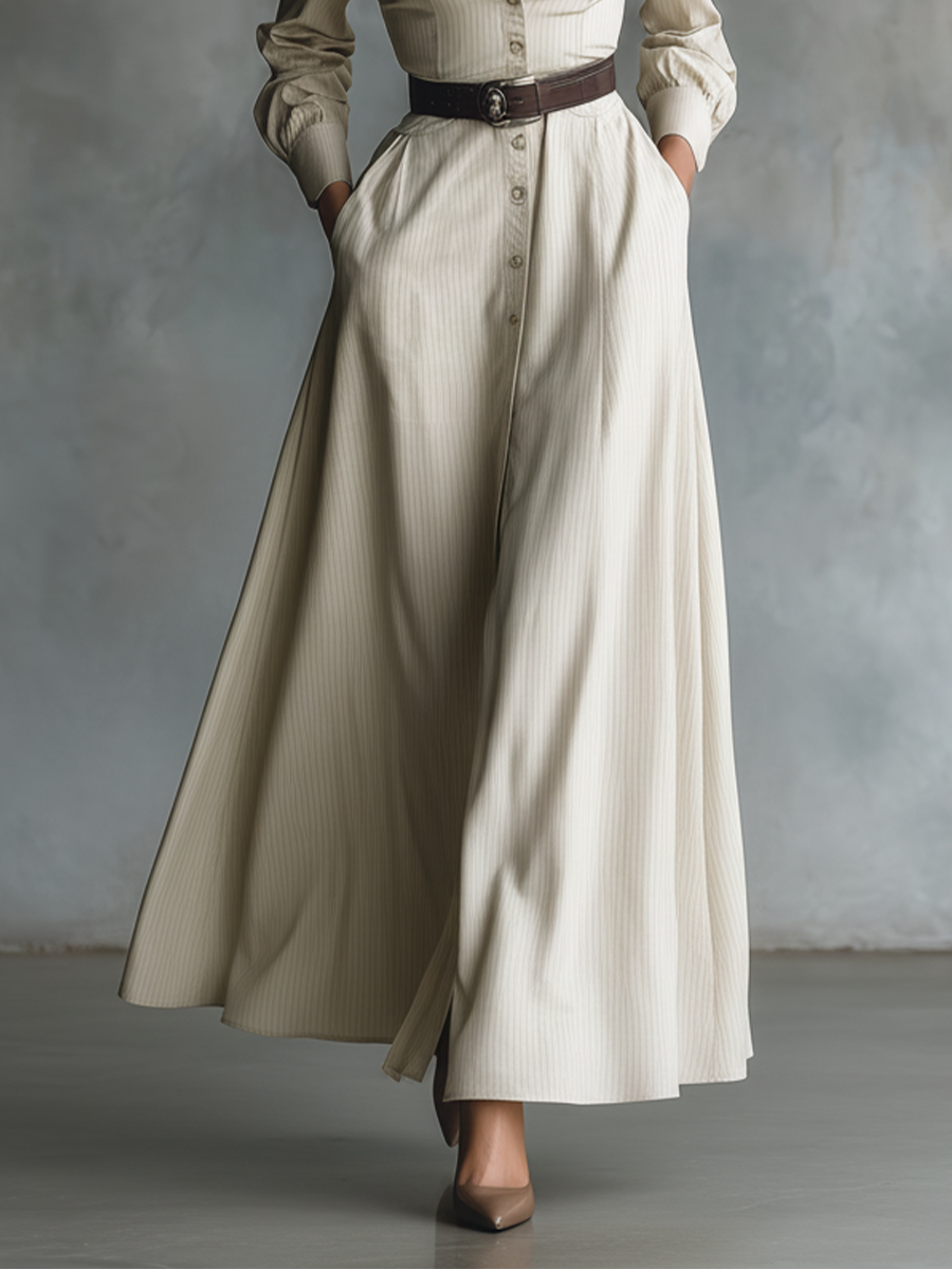 Women's Off-white Striped Cotton Blend Lapel Fitted Waist Full Skirt Long Dress MDA2961K9T
