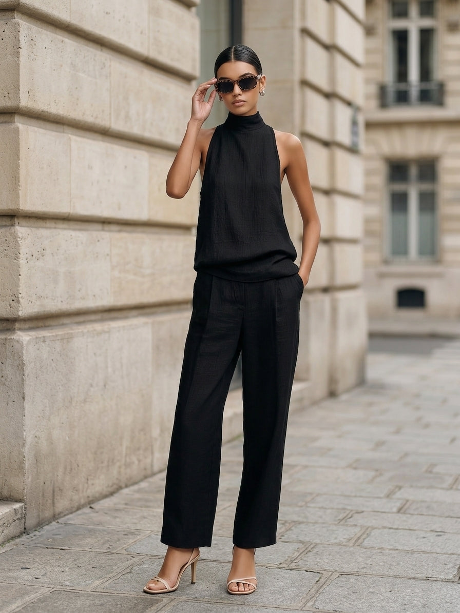 Women's Elegant Black Cotton And Linen Round-neck Sleeveless Top And Trousers Set MDZ1441A4AN