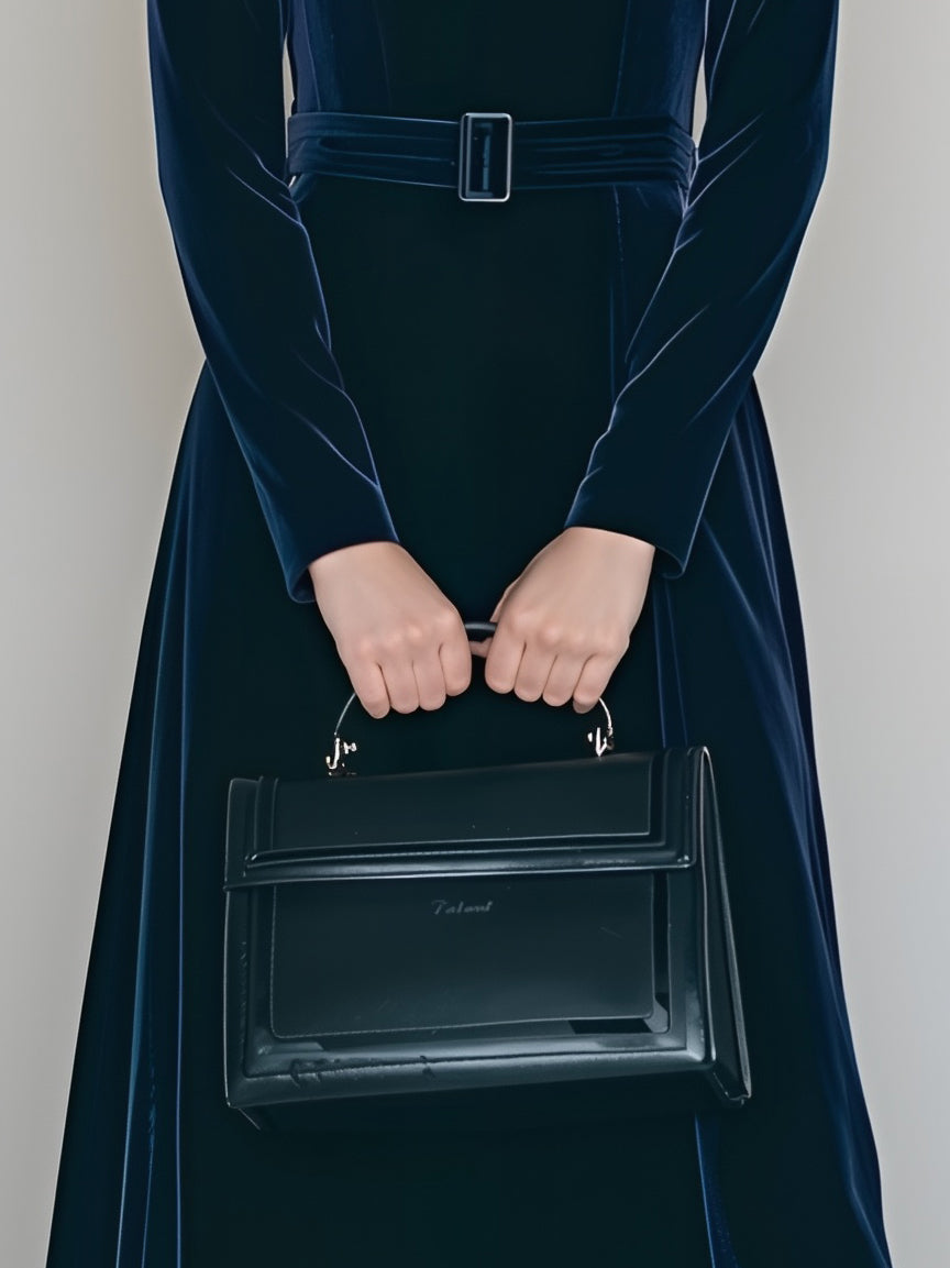 Women's Elegant And Sophisticated Navy Blue Velvet Turtleneck Slim-fit A-line Long Dress With Belt MDA0778K6AN