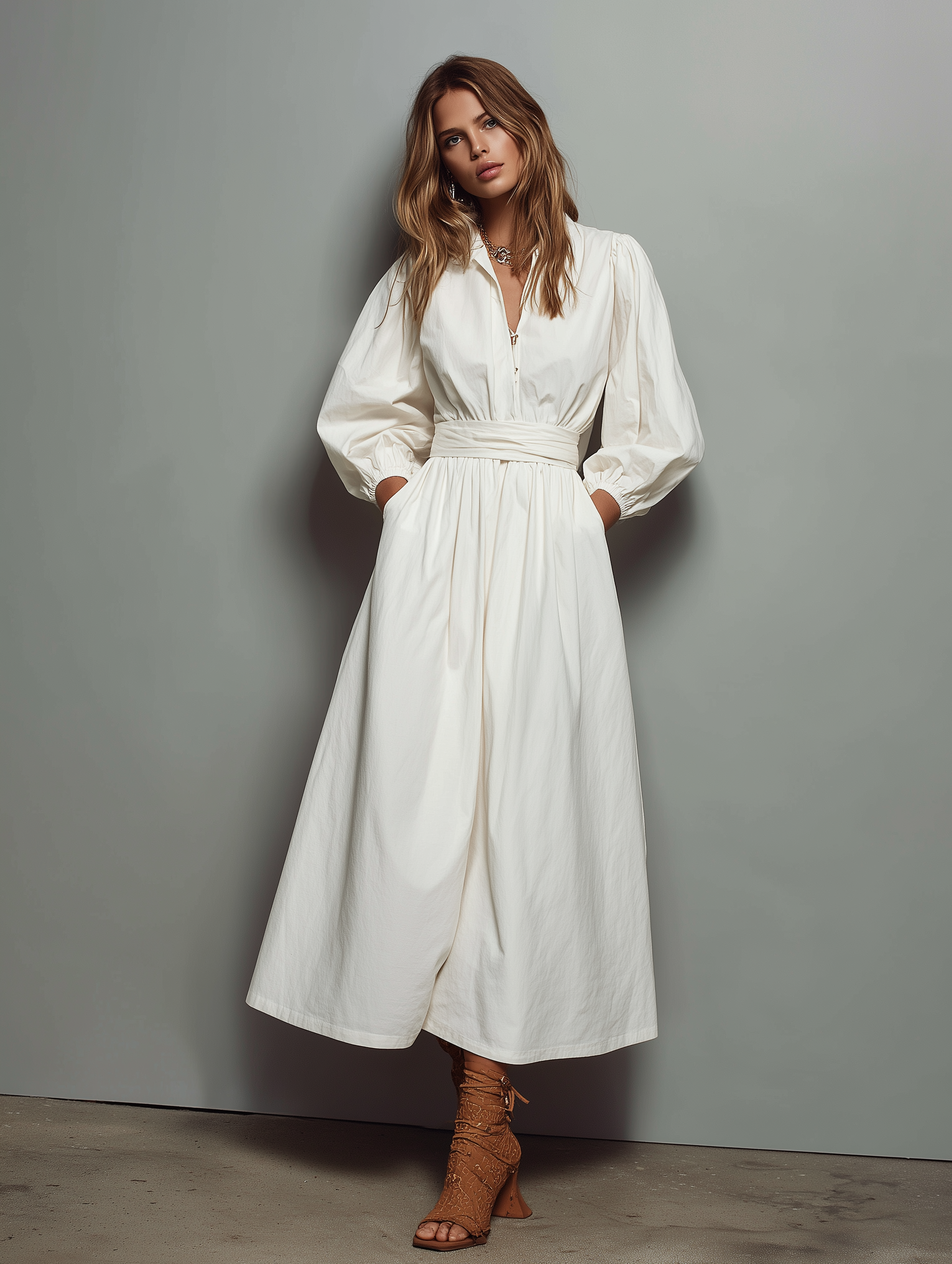 Women's Casual White Cotton And Linen Shirt Dress With Elasticated Waist And Long Sleeves MDZ1218A6AN