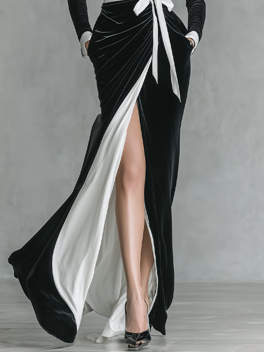 Women's Black Velvet Cutout - Neck Belted High - Slit Maxi Dress MDA1736I0I