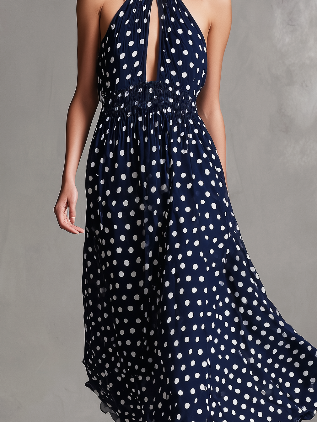 Women's Elegant Dark Blue Chiffon Halter Neck Sleeveless Long Dress MDZ2809B9AN