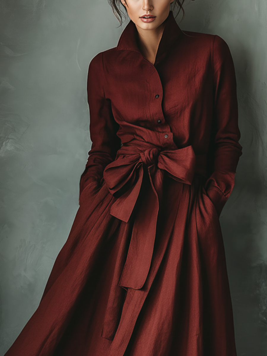 Women's Burgundy Linen Blend Blouse And Bow-tie Fitted Lapel Long Skirt Set MDA0156L8T