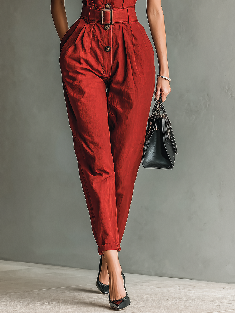 Women's Red Cotton And Linen Blend Simple Jumpsuit MDA3046G8T