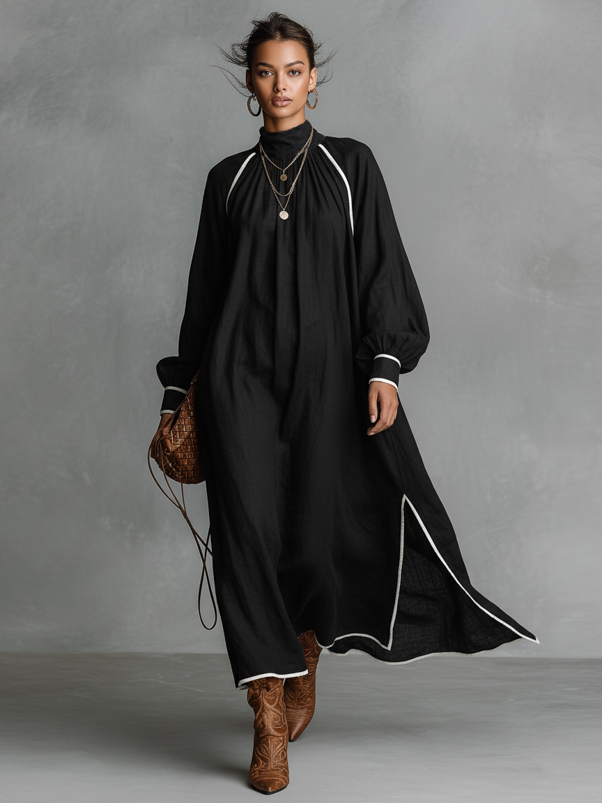 Women's Minimalist Loose-fitting Cotton And Linen White Trim Slits Maxi Dress MDA2221K9Y