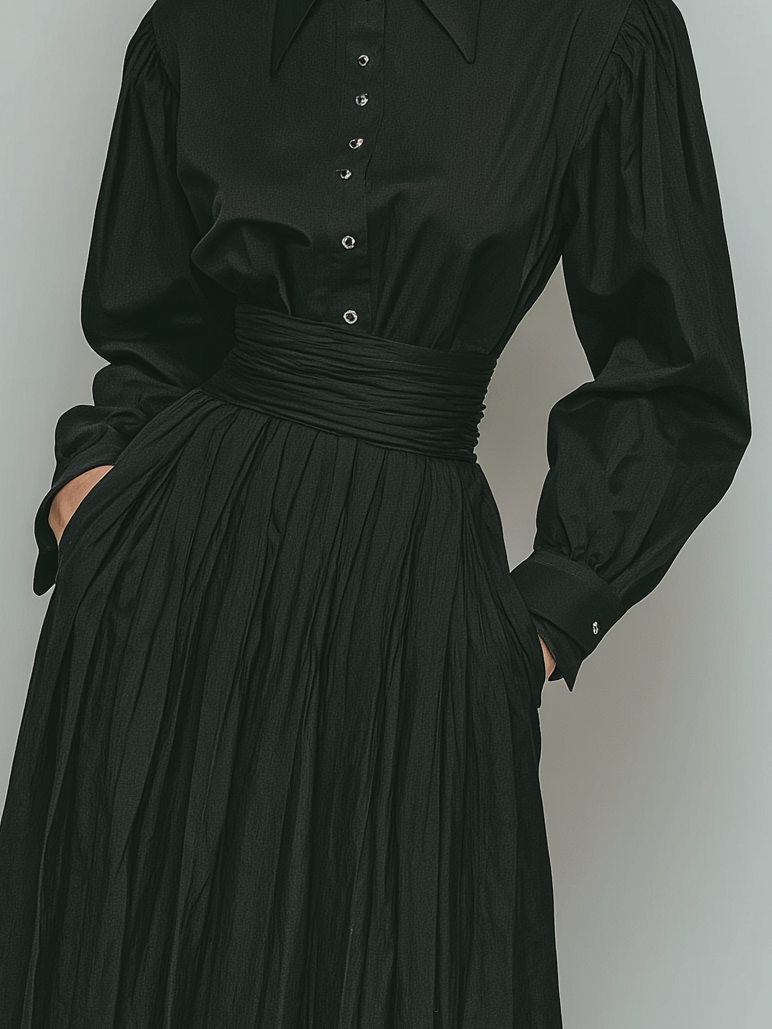 Women's Stylish And Elegant Black Long-sleeved Shirt Paired With A Black Pleated Midi Skirt With Gathered Waist MDA2039K4AN