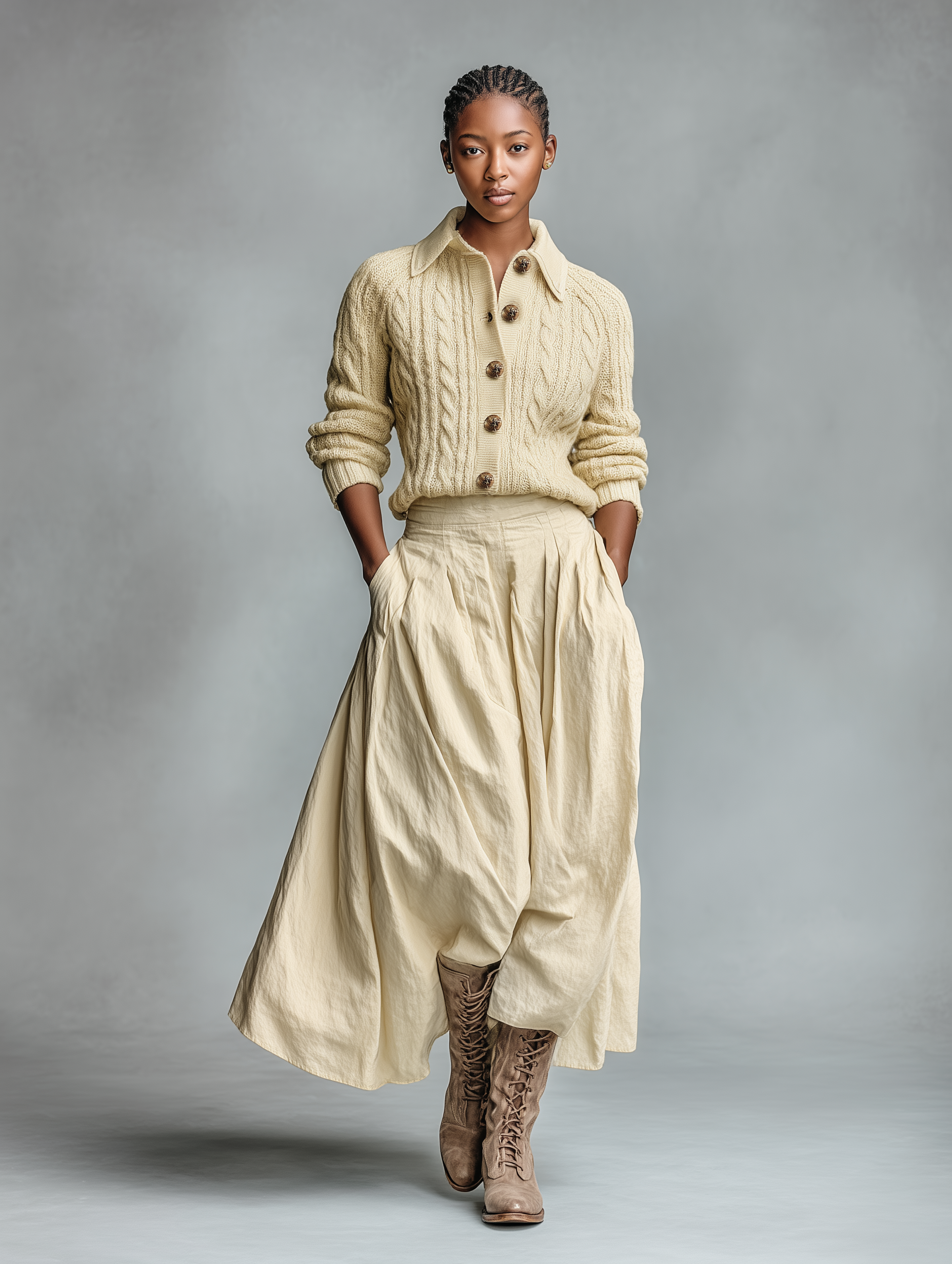 Women's Cable Knit Cardigan And Cotton-linen Skirt Set MDA3035K9Y