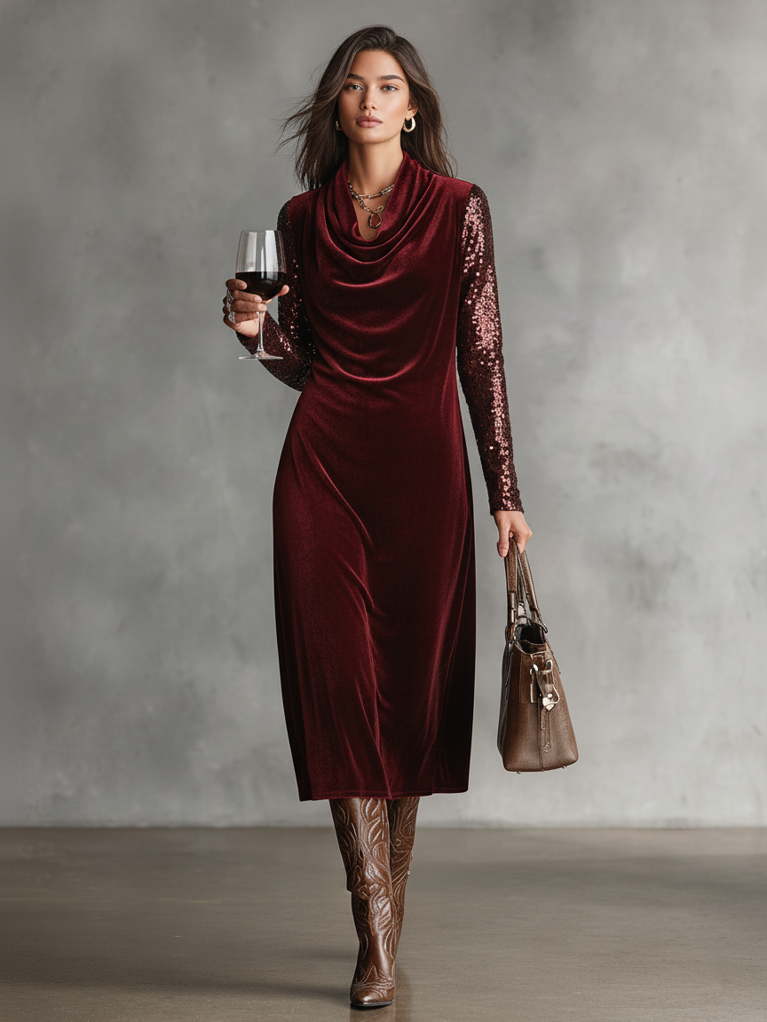 Women's Minimalist Velvet Cowl Neck Patchwork Sequin Long-sleeved Midi Dress MDA2883K6Y