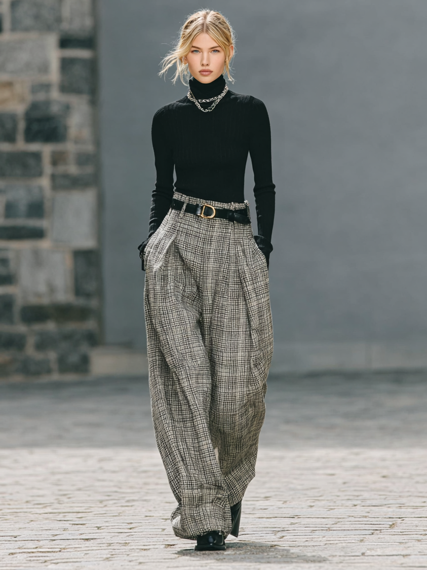Women's Solid Color Turtleneck Sweater Plaid Wide-Leg Pants Two-Piece Set (Including Belt) MDA3078G7Y