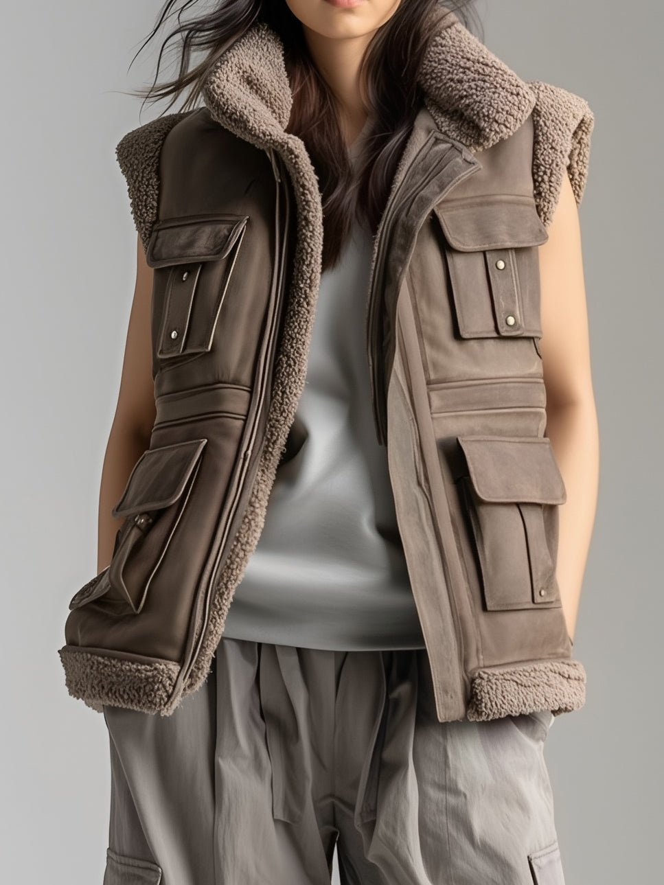 Women's Fashionable Casual Cool Brown Leather Vest With Pockets, Collar Lining With Fleece Trim MDA2786K7AN