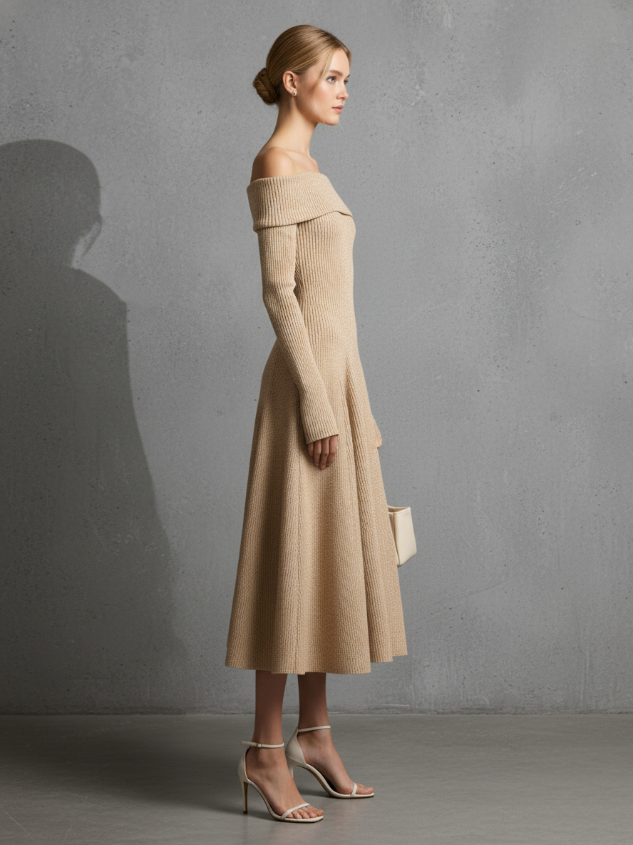 Women's Elegant Knit Beige Off-Shoulder Ribbed Flared Midi Dress MDA1641L6AU