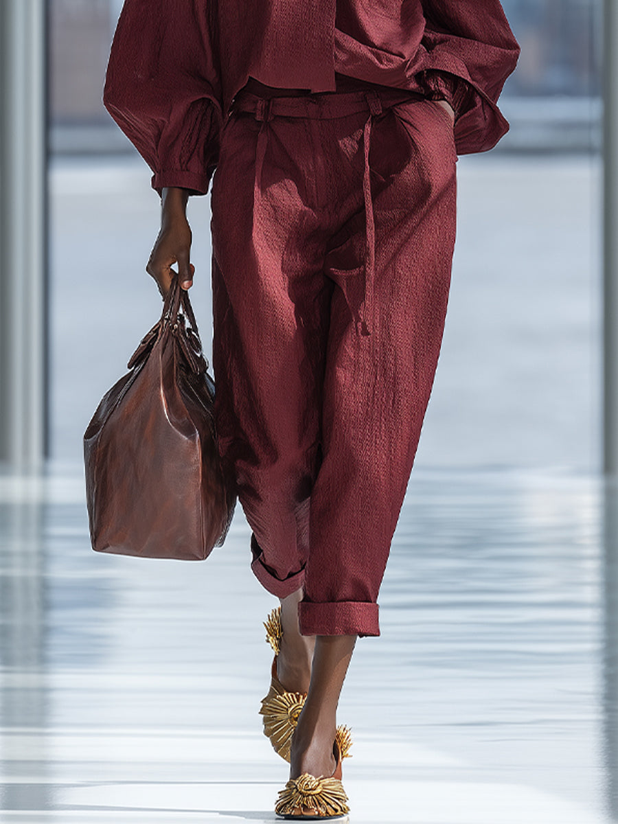 Women's Burgundy Cotton-Blend Fabric Sophisticated Puff Sleeve & Tie-Waist Pant Set MDA0567K6I