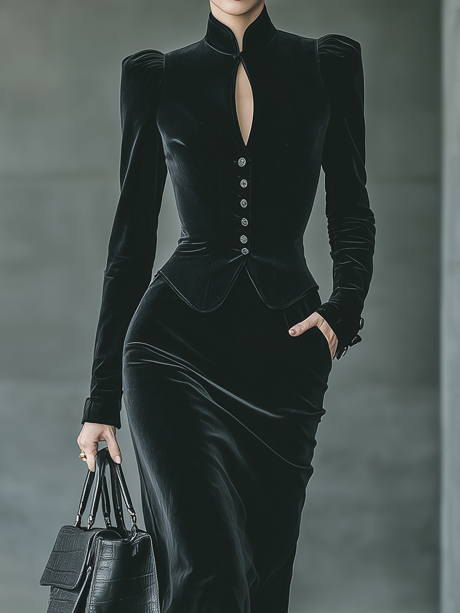 Women's Black Velvet Top And Skirt Set MDA1513H9T