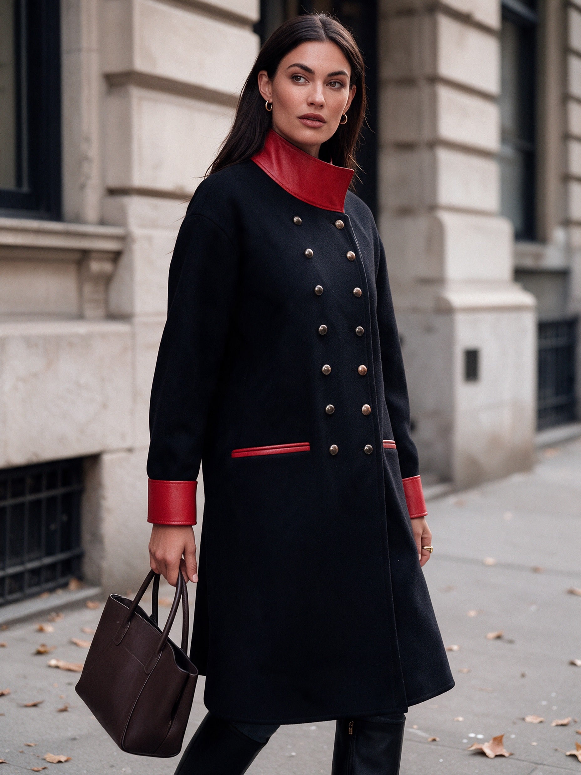 Women's Military-Inspired Double-Breasted Contrast Stand-Collar Coat