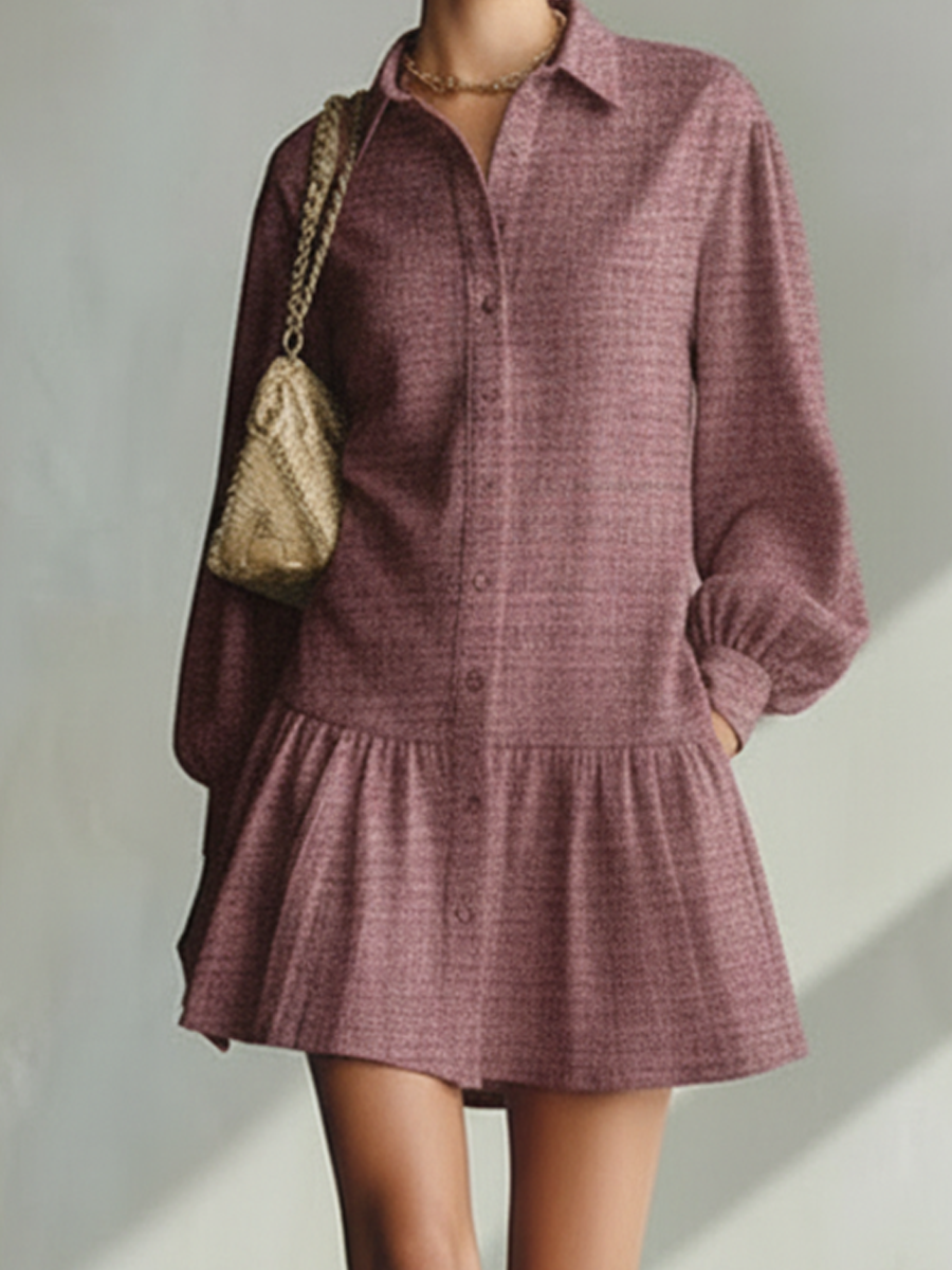 Women's Pink Lapel Long-Sleeve Ruffle Hem Shirt Dress MDA2049L6AP
