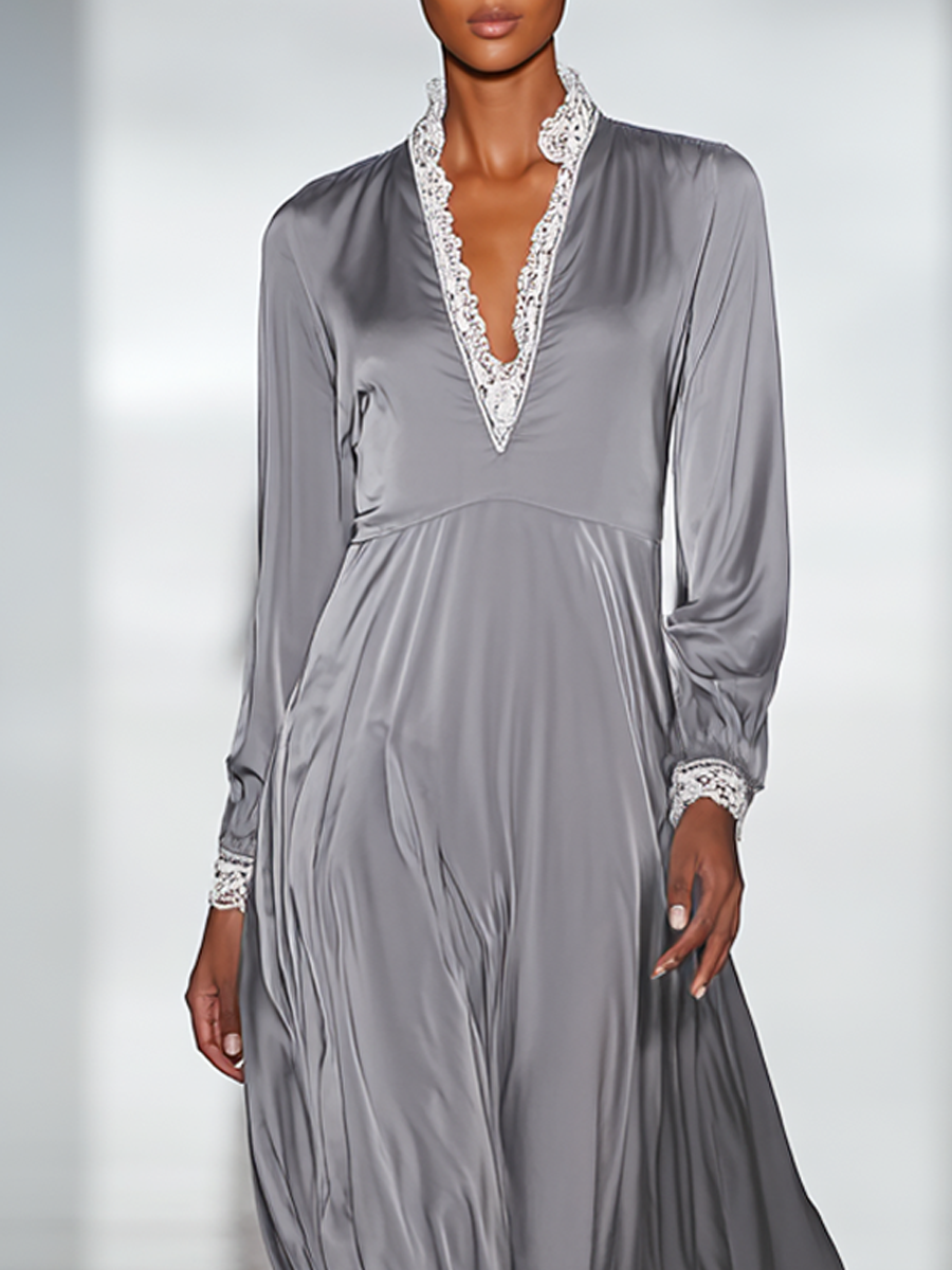 Women's Gray Satin Lace-Trimmed Maxi Dress MDA1615L1AP