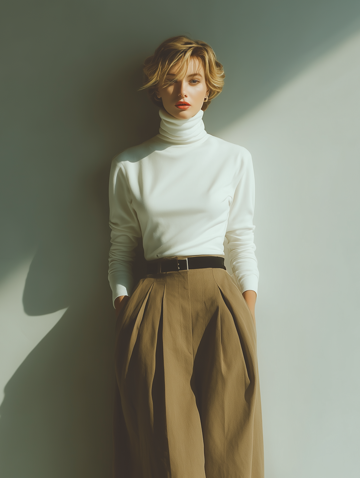 Women's Stylish And Elegant White Turtleneck Long-sleeved Fitted Top Paired With Khaki Wide-leg Cropped Trousers (belt Not Included) MDA1537K6AN
