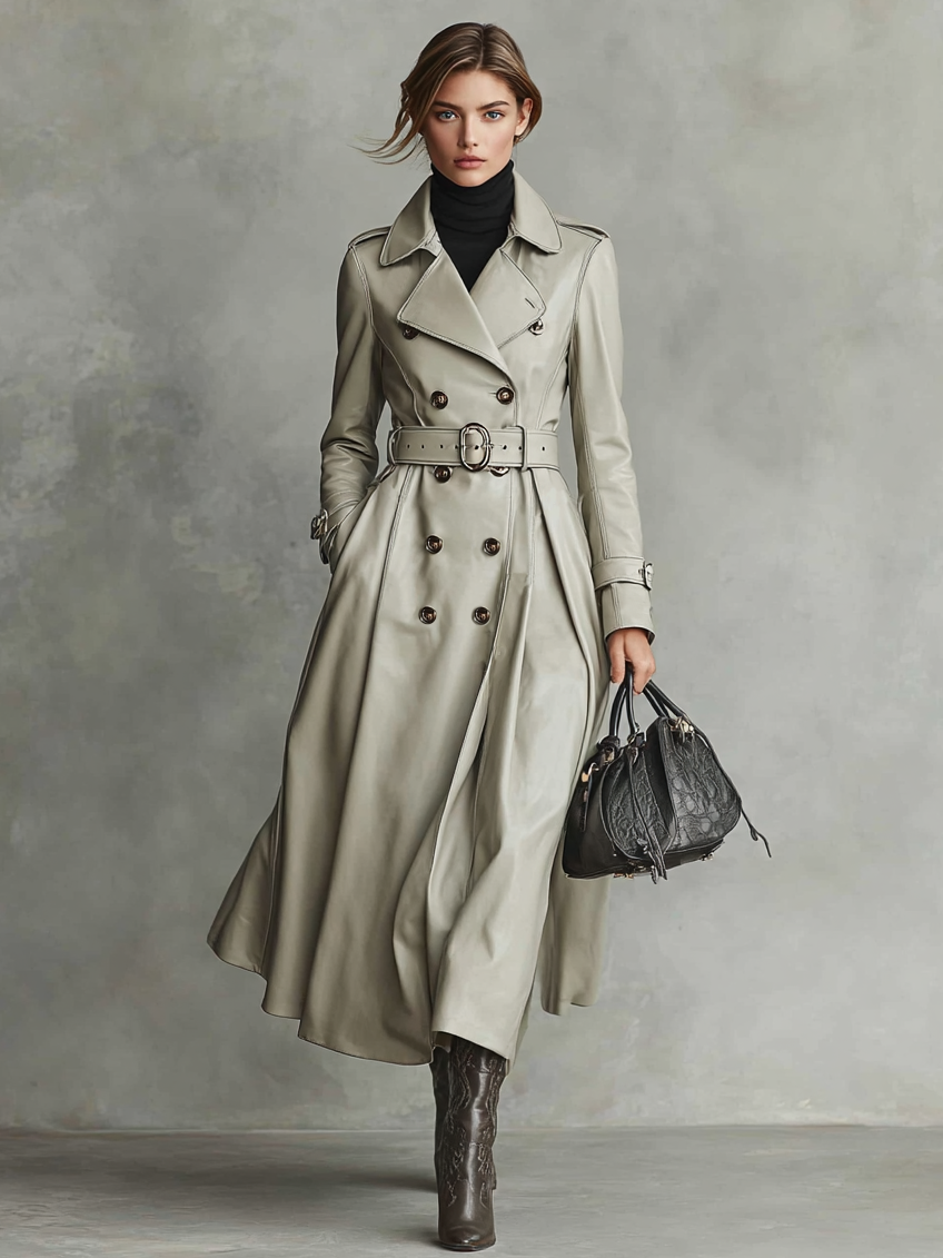 Women's Minimalist PU Leather Lapel Double-Breasted Belt Long Trench Coat MDA0942I3Y
