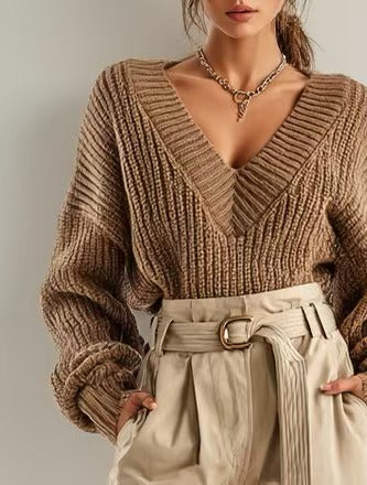 Woman's Gentle And Relaxed Camel-colored V-neck Knit Sweater Paired With Khaki Straight-leg Pants MDA0665K0AN
