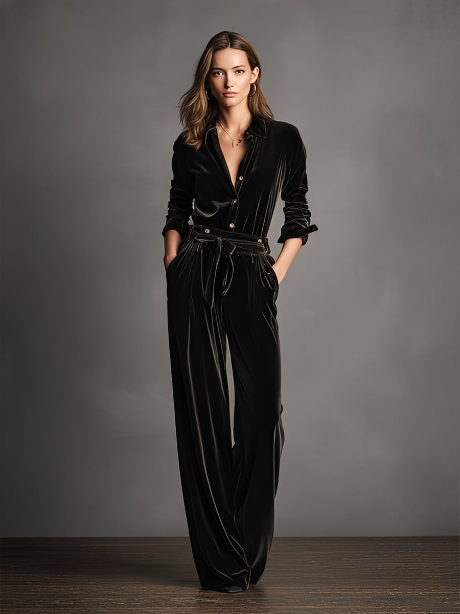 Women's Black Velvet Lace-up Elegant Gold Button Jumpsuit MDA2939J7I