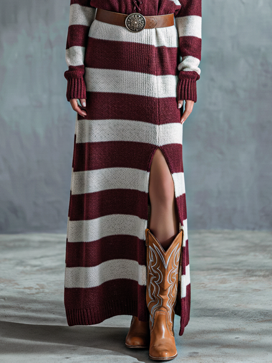 Women's Burgundy And Beige Striped Knitted Tie-front Slit Long Maxi Dress MDA3039J5T