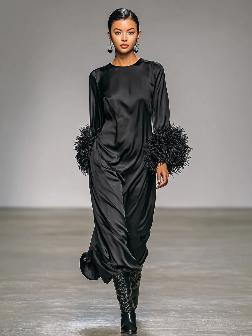 Women's Fashion Satin Round Neck Spliced Cuffs Removable Fur Midi Dress MDA2471I3Y