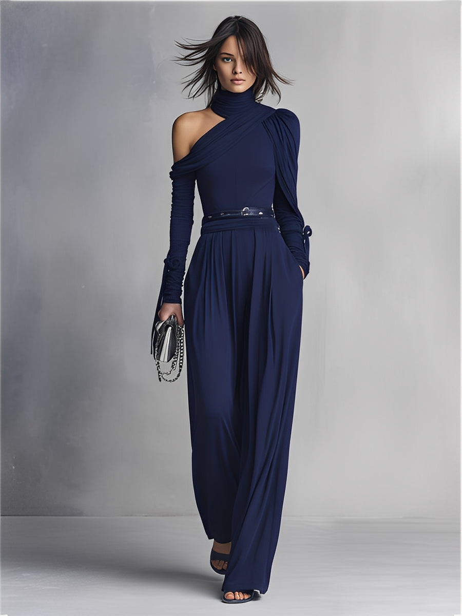 Women's Navy Draped Textured Jumpsuit With Turtleneck & Wide-Leg Silhouette, Modern Sophisticated Style Jumpsuit (without Belt) MDA1783L4I
