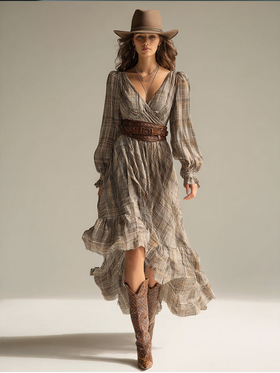 Women's Beige - Plaid Bohemian Chiffon Ruffled Midi Dress (without Belt) MDA0679H1I