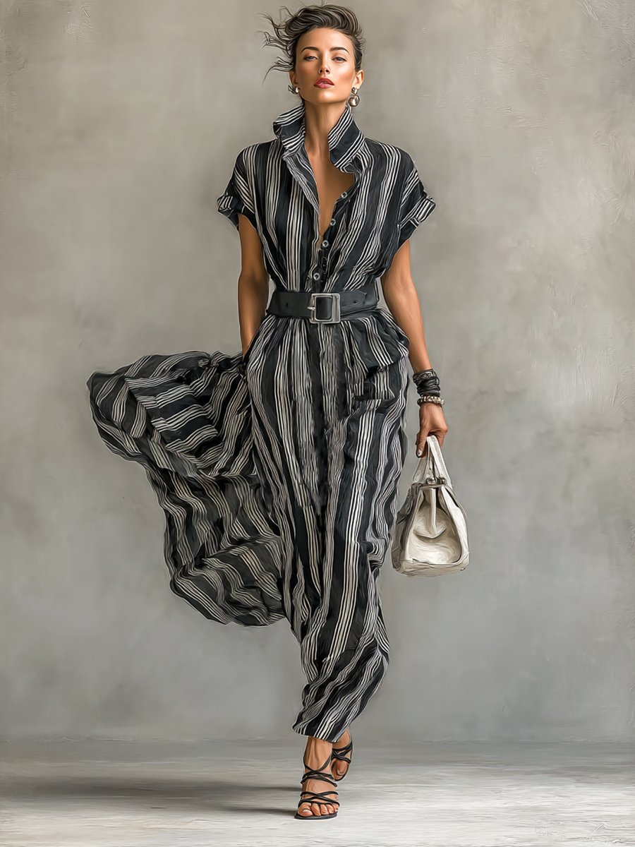 Women's Chiffon Striped Printed Lapel Short-sleeved Belted Maxi Dress MDA0926G6Y