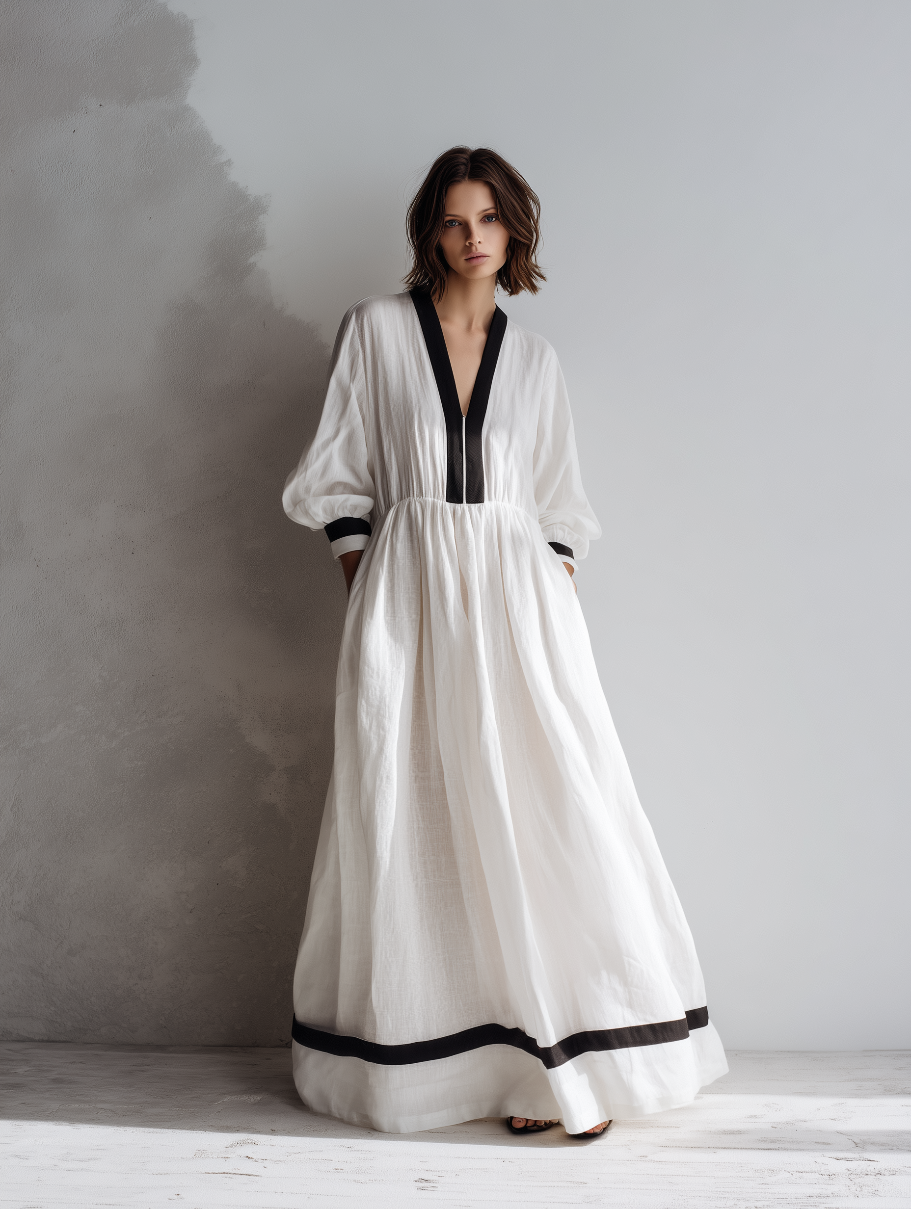 Women's Casual White Cotton And Linen V-neck Loose Long-sleeved Maxi Dress MDZ1257A2AN