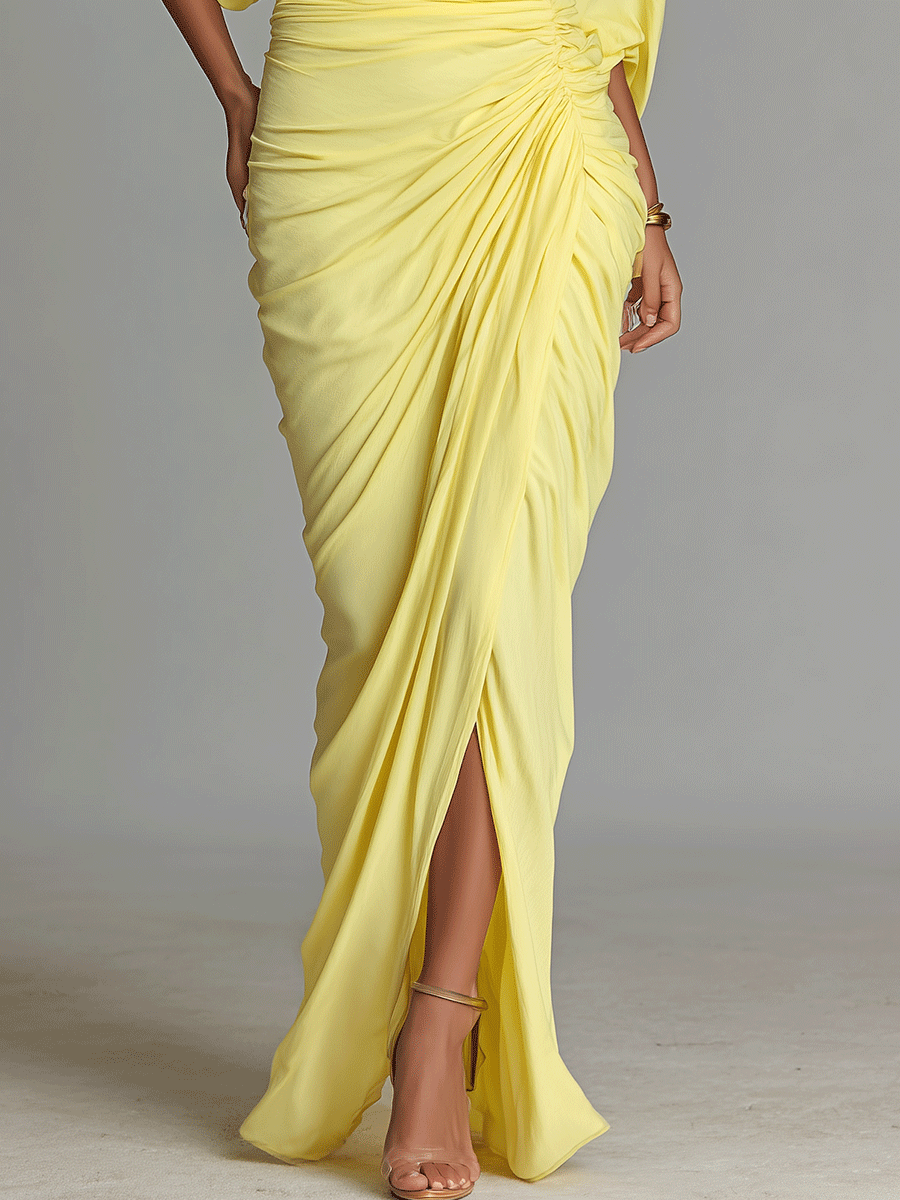 Women's Bright Yellow Drape Comfortable Blended Maxi Dress MDA2811G6I