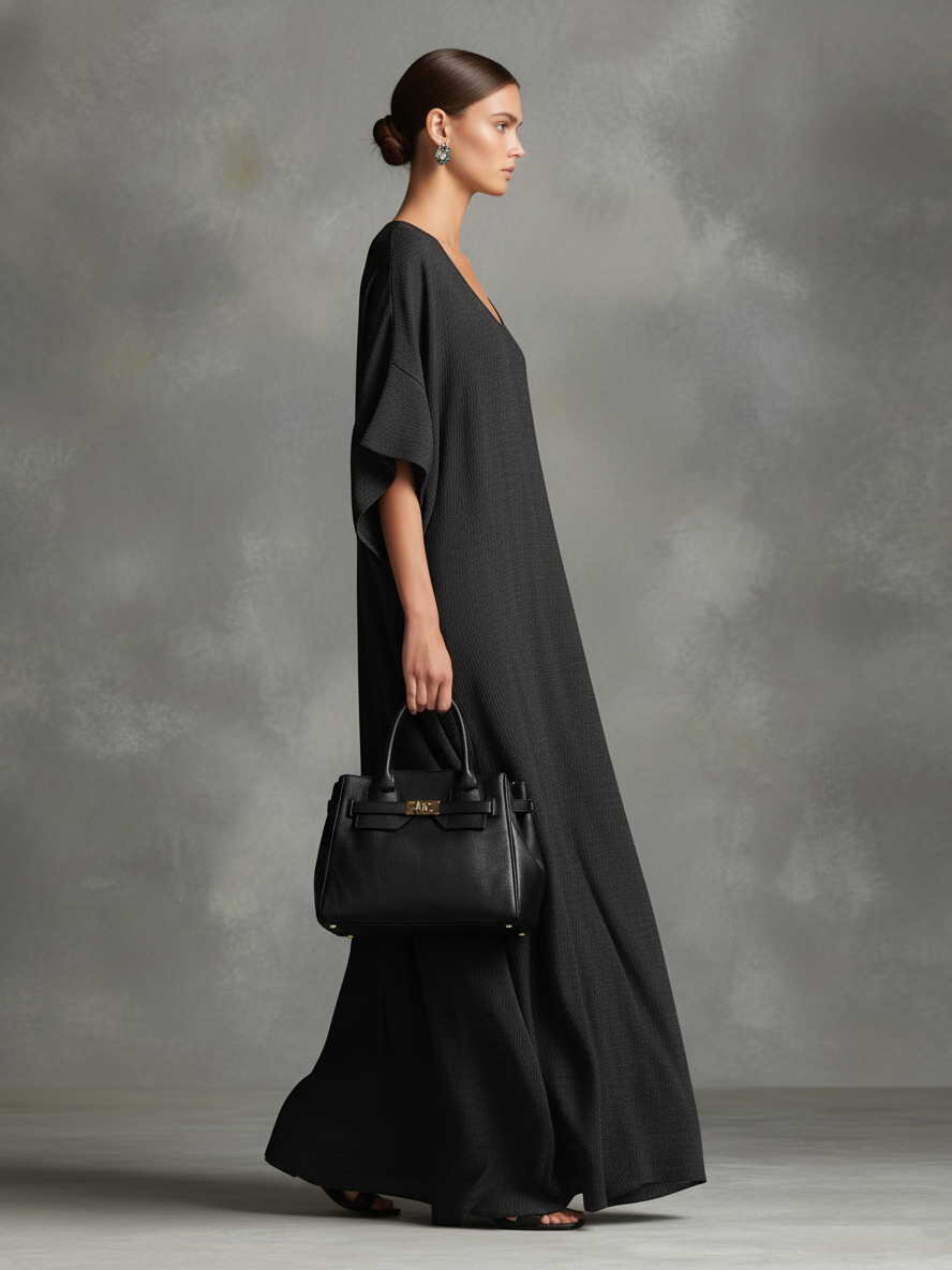 Women's Relaxed Linen-Blend Charcoal Batwing-Sleeve Loose-Fit Maxi Dress MDA2461L8AU