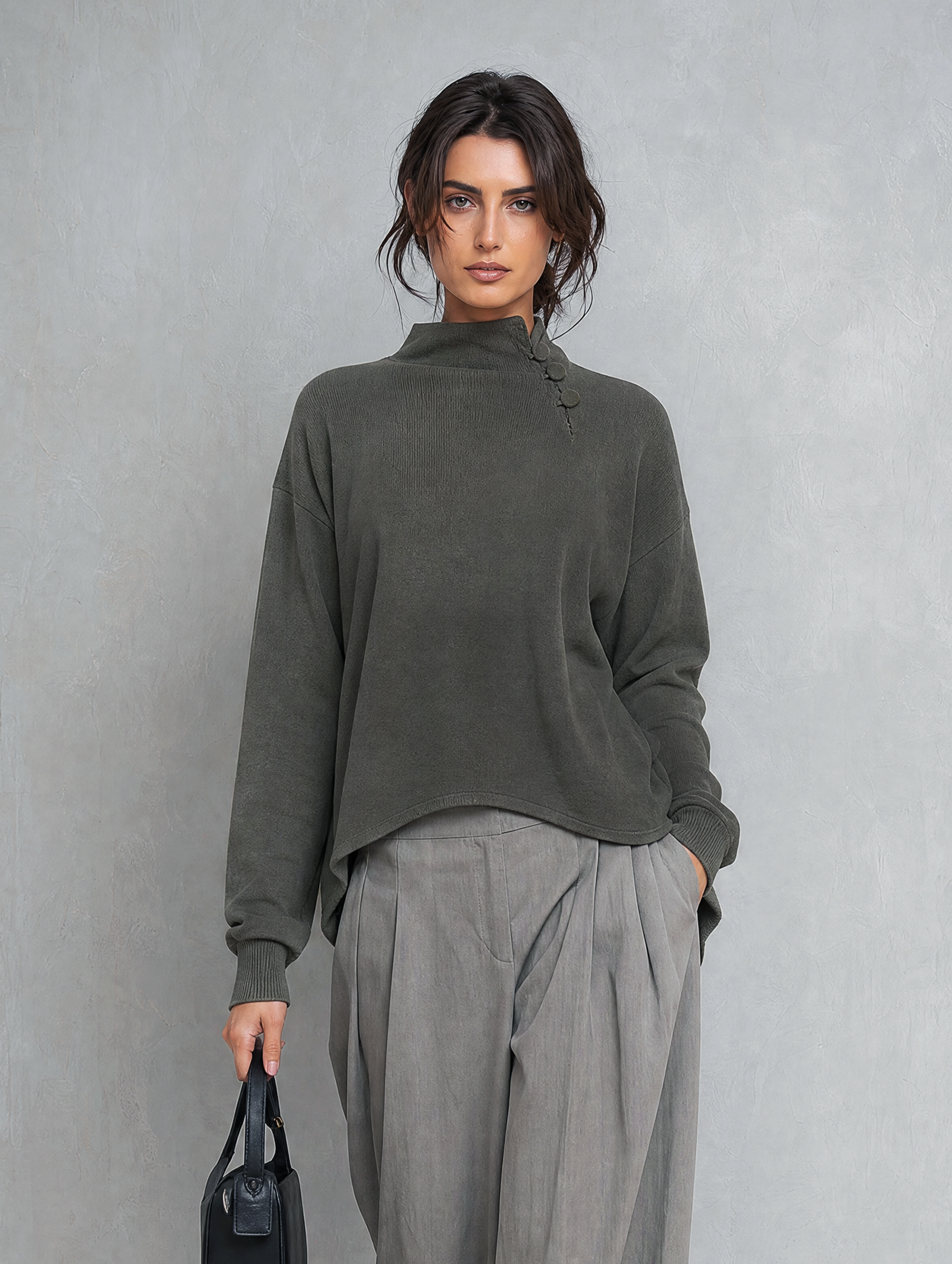 Women's Casual Dark Grey Woven Long-Sleeve Top And Grey Woven Trousers Two-Piece Set MDZ2155H3LXY