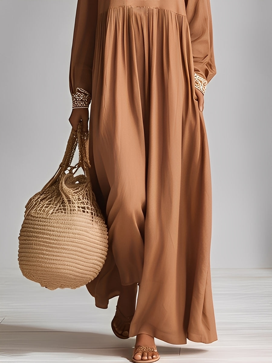 Women's Brown Cotton-Blend Fabric Bohemian Embroidered Collared Maxi Dress MDA0508K0I