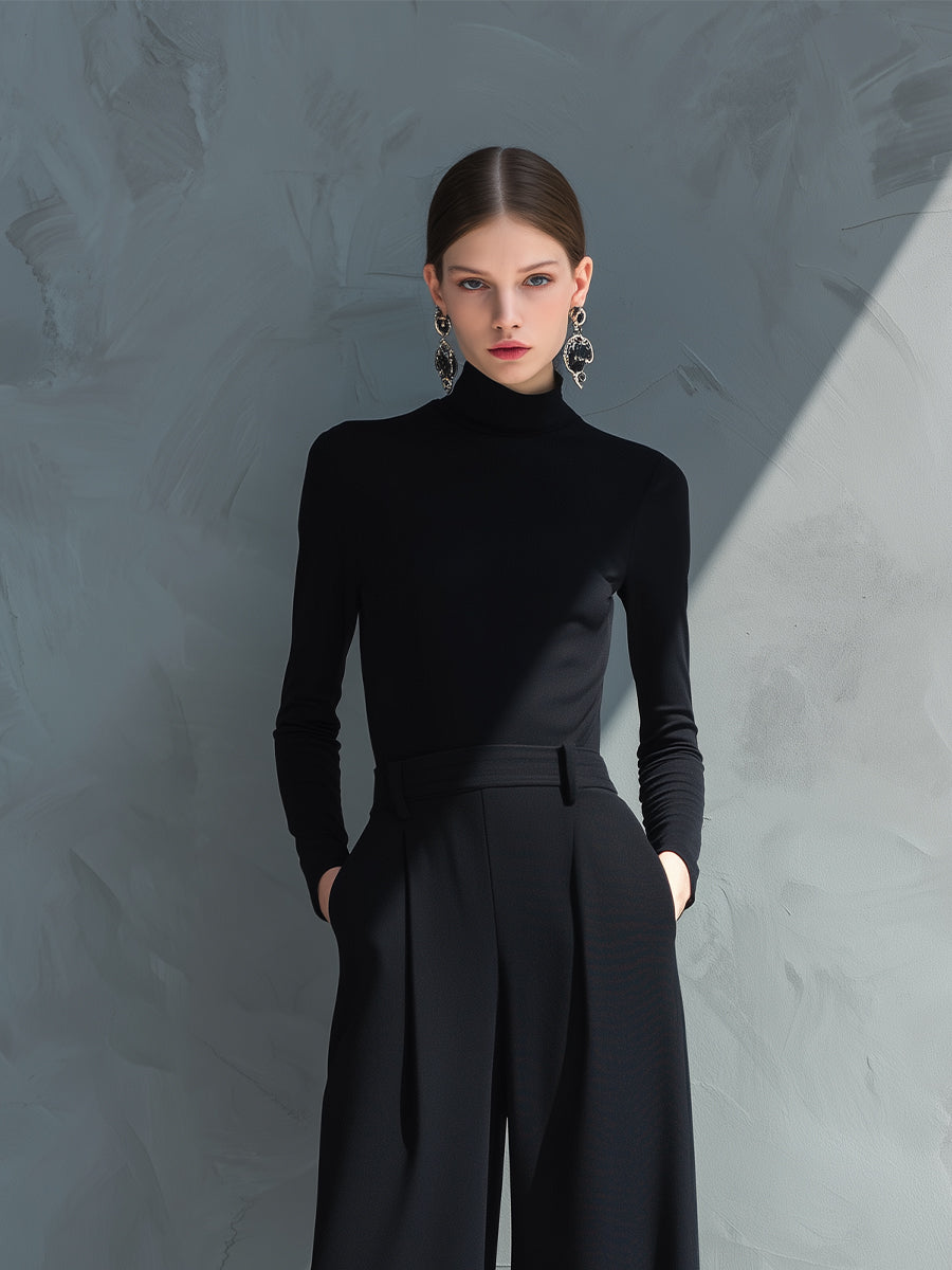 Women's Black Classic Knit Turtleneck Wide - Leg Jumpsuit MDA2133J5I