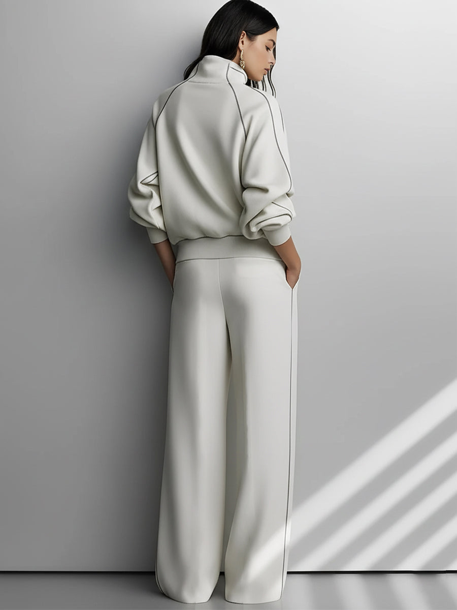 Women's Beige Textured Knit Co-Ord Set With Contrast Piping & Pleated Pants, Effortless Chic Style Set MDA2765J1I