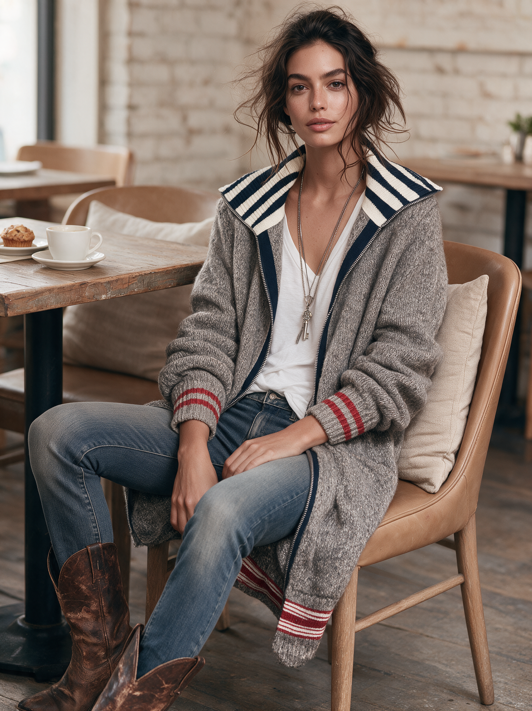 Women's Vintage Color-Block Striped Zip-Up Mid-Length Cardigan MDZ2550H4WY
