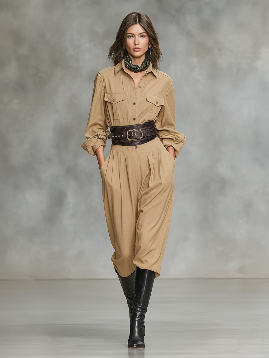 Women's Elegant Khaki Long-sleeved Shirt Collar Woven Jumpsuit Without Belt MDA1098L1AN
