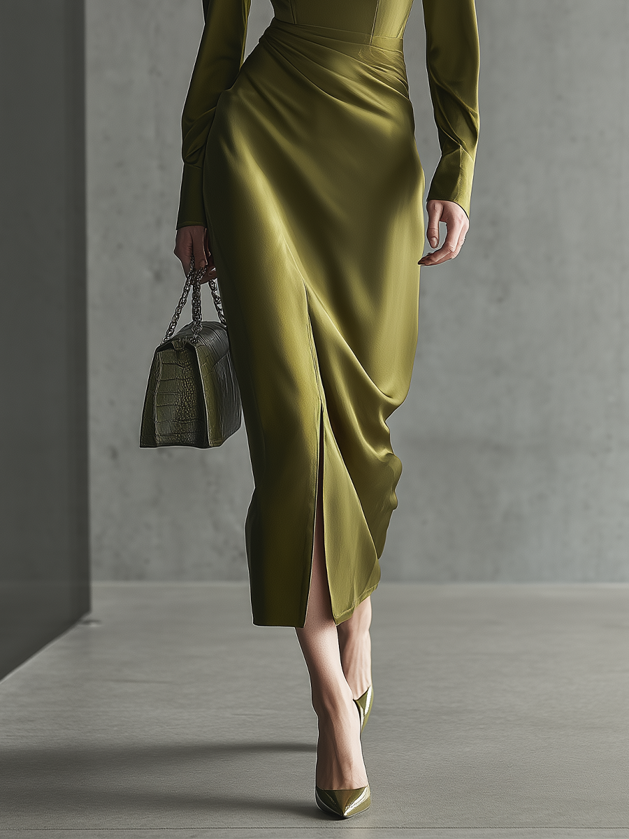 Women's Olive Green Satin Fabric Square-Neck Ruched Slit Midi Dress MDA0990L7T