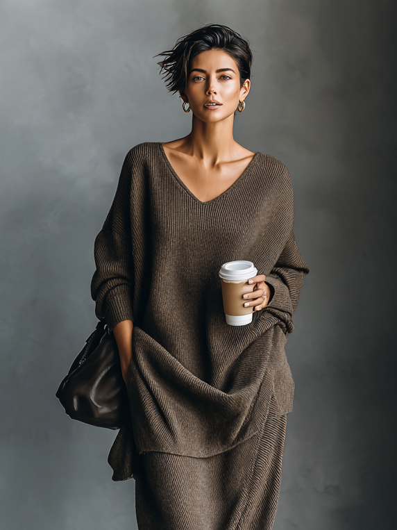Women's Minimalist V-neck Sweater Knitted Skirt Set MDA1601I9Y