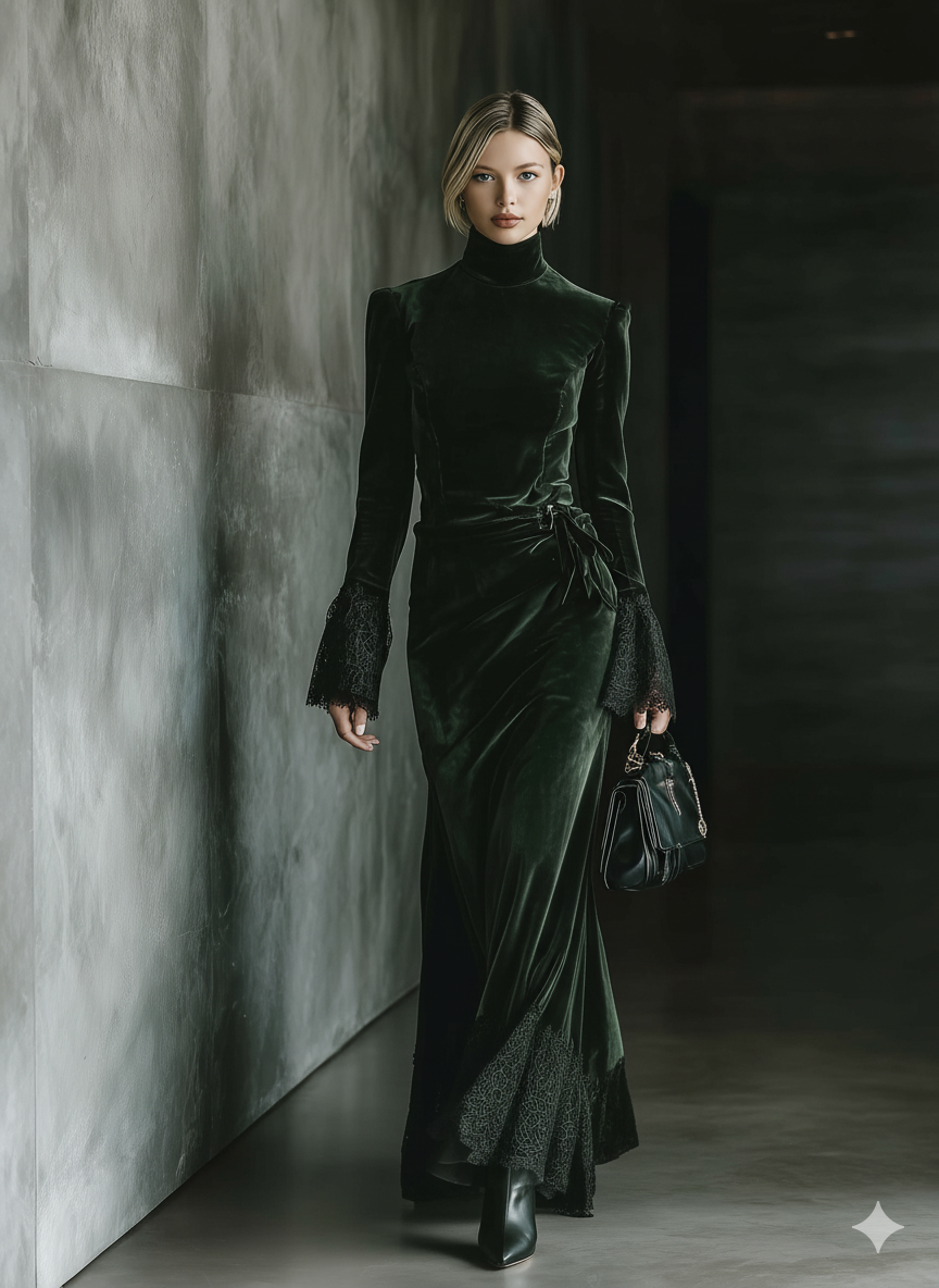 Women's Dark Green Velvet Slim-fit Maxi Dress MDA2076J0T