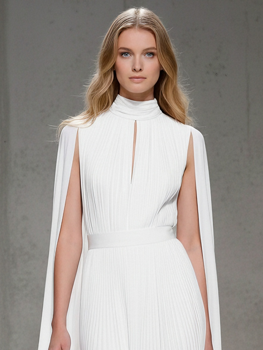 Women's Regal Pleated White Mock-Neck Cape-Sleeve Belted Maxi Dress MDA2021L5AU